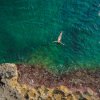 Persona che nuota nel mare vicino a scogli.